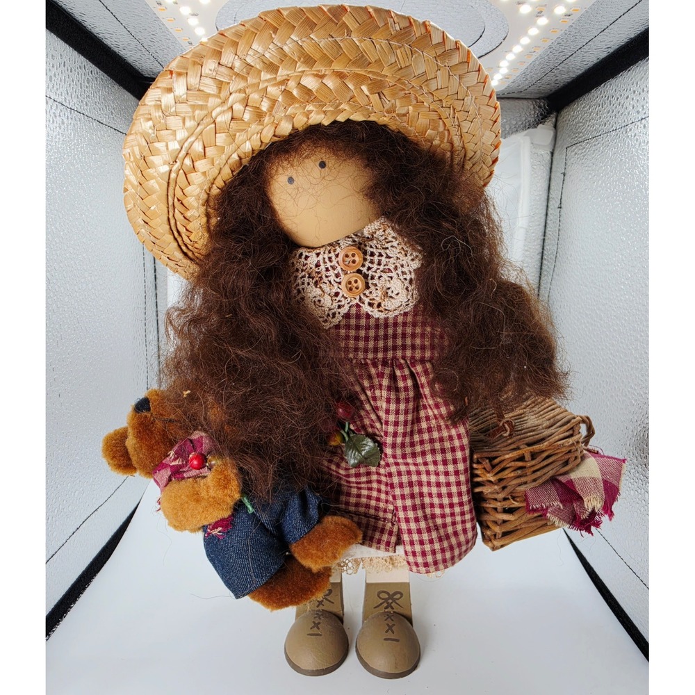 Vintage 1995 Lizzie High Sally Bowman Wooden Doll Teddy Bear Wicker Basket 1995